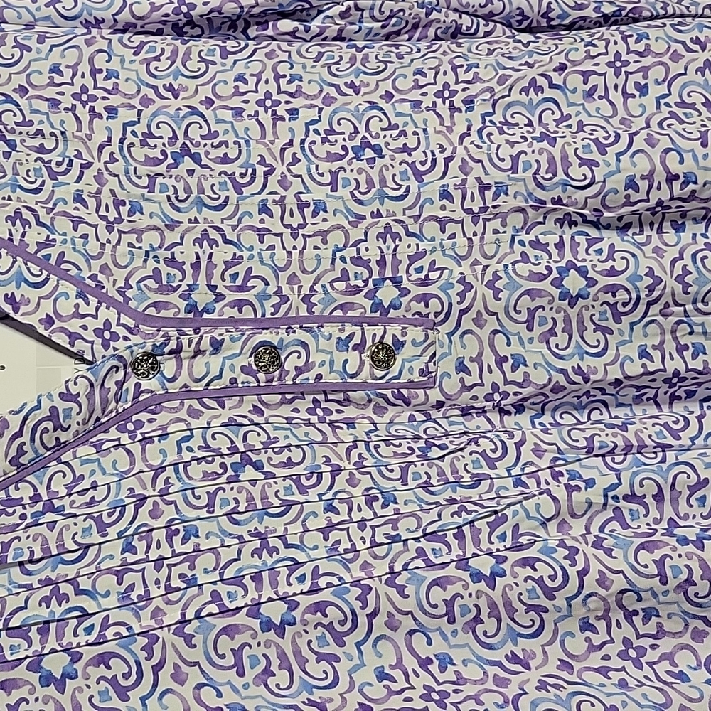 Emily Daniels Purple Patterned blouse - Sz L - Coastal Grandma, Pleated, Layered - Picture 2 of 8